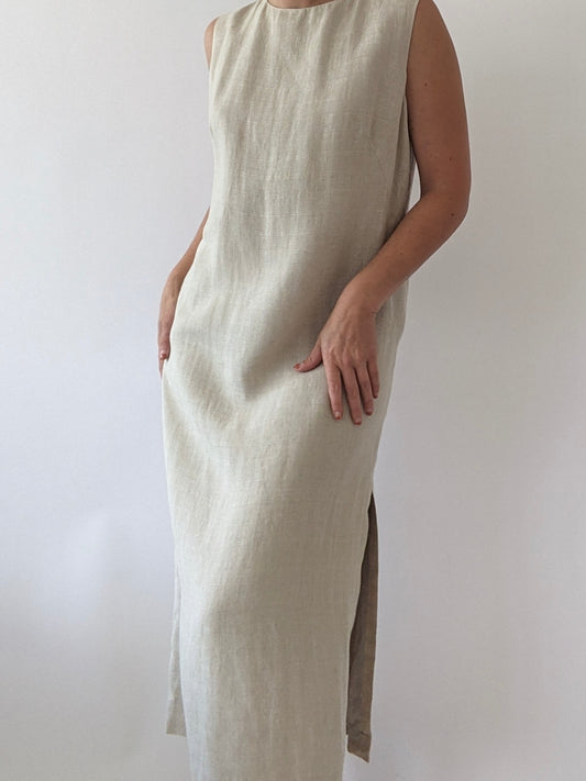 Vintage Oat Grid Linen Market Dress