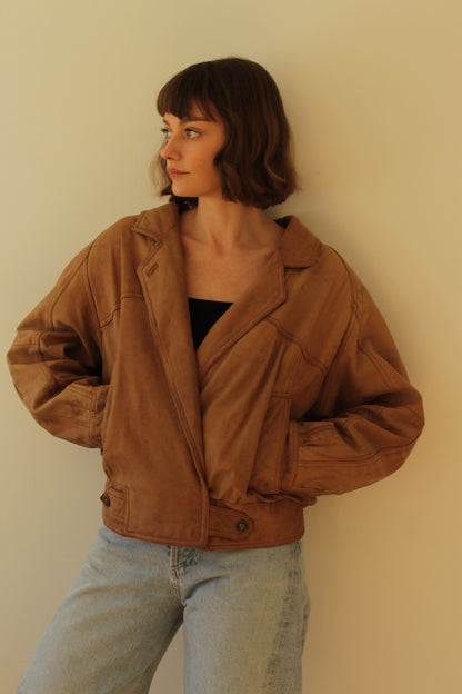 Favorite Vintage Almond Leather V-Neck Bomber
