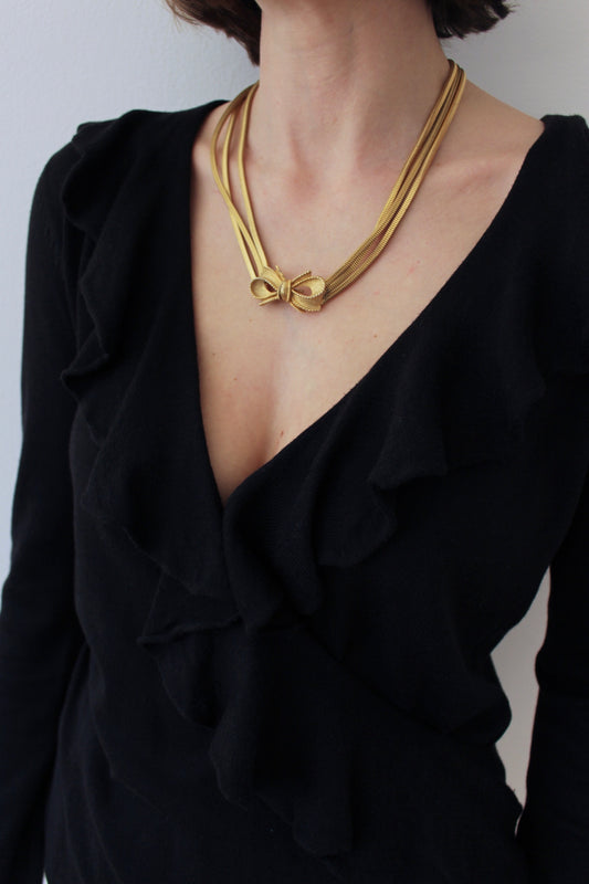 Amazing Vintage Gold Bow Tiered Snake Chain Necklace