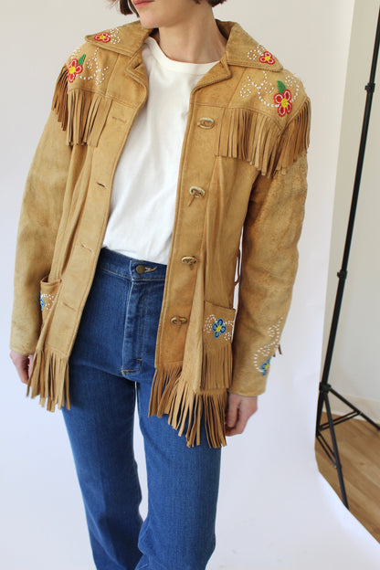 Vintage Floral Beaded Fringe Leather Jacket