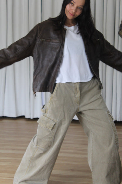 Vintage Tobacco Pebbled Leather Crop Jacket