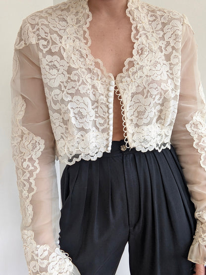 Rare Vintage Ivory Sheer Floral Lace Blouse