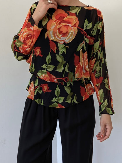 Incredible Vintage Embellished Floral Dolman Silk Blouse