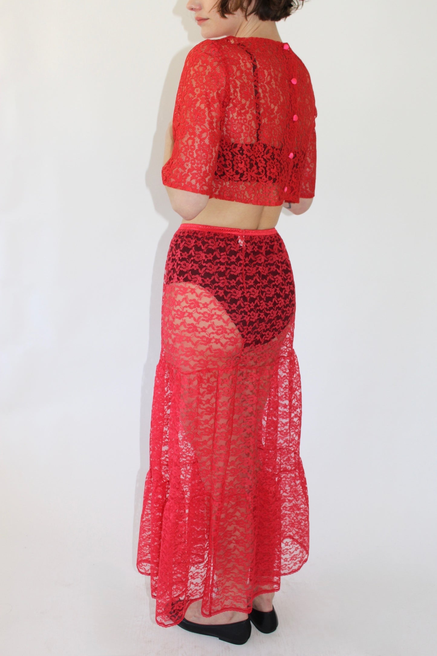 Vintage Raspberry Sheer Lace Skirt