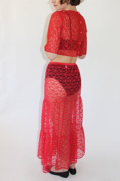 Vintage Raspberry Sheer Lace Skirt