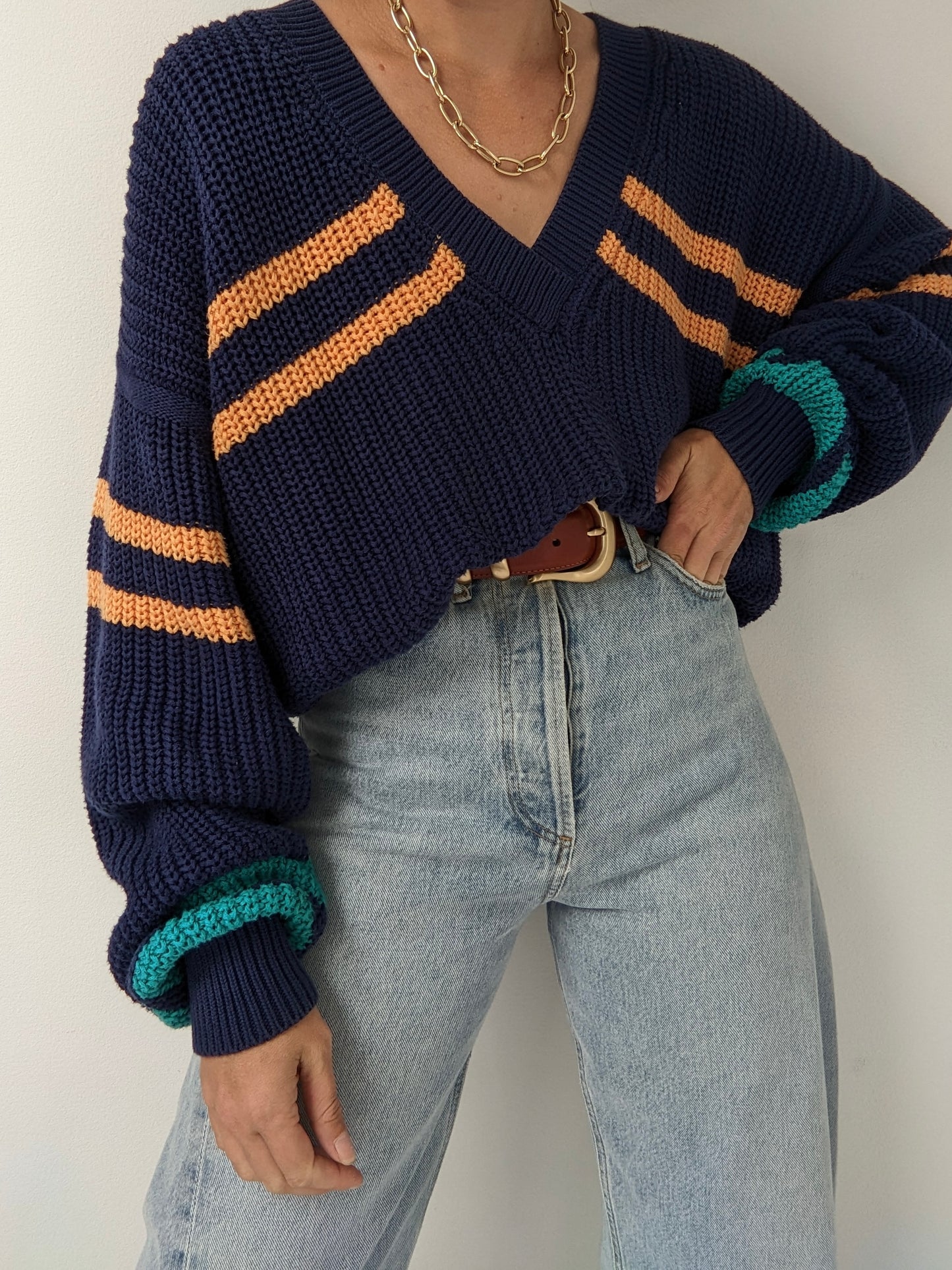 Vintage Striped Blue Cotton V-Neck Sweater