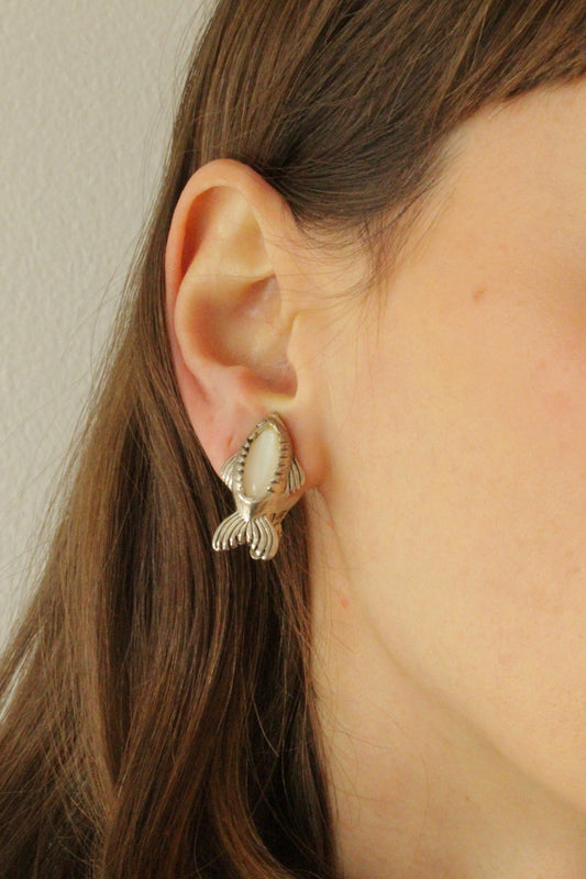 Amazing Vintage Silver & Mother of Pearl Fish Earrings