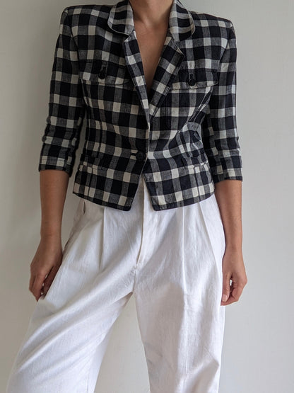 Vintage Petite Checkered Linen Blazer