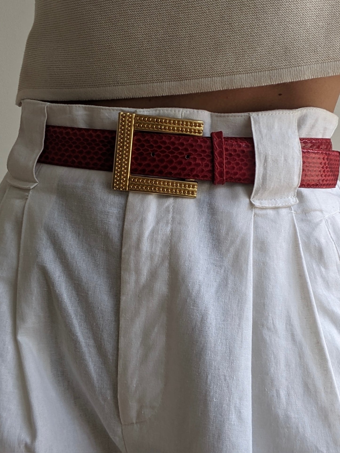 Bold Vintage Crimson Snakeskin Leather Belt