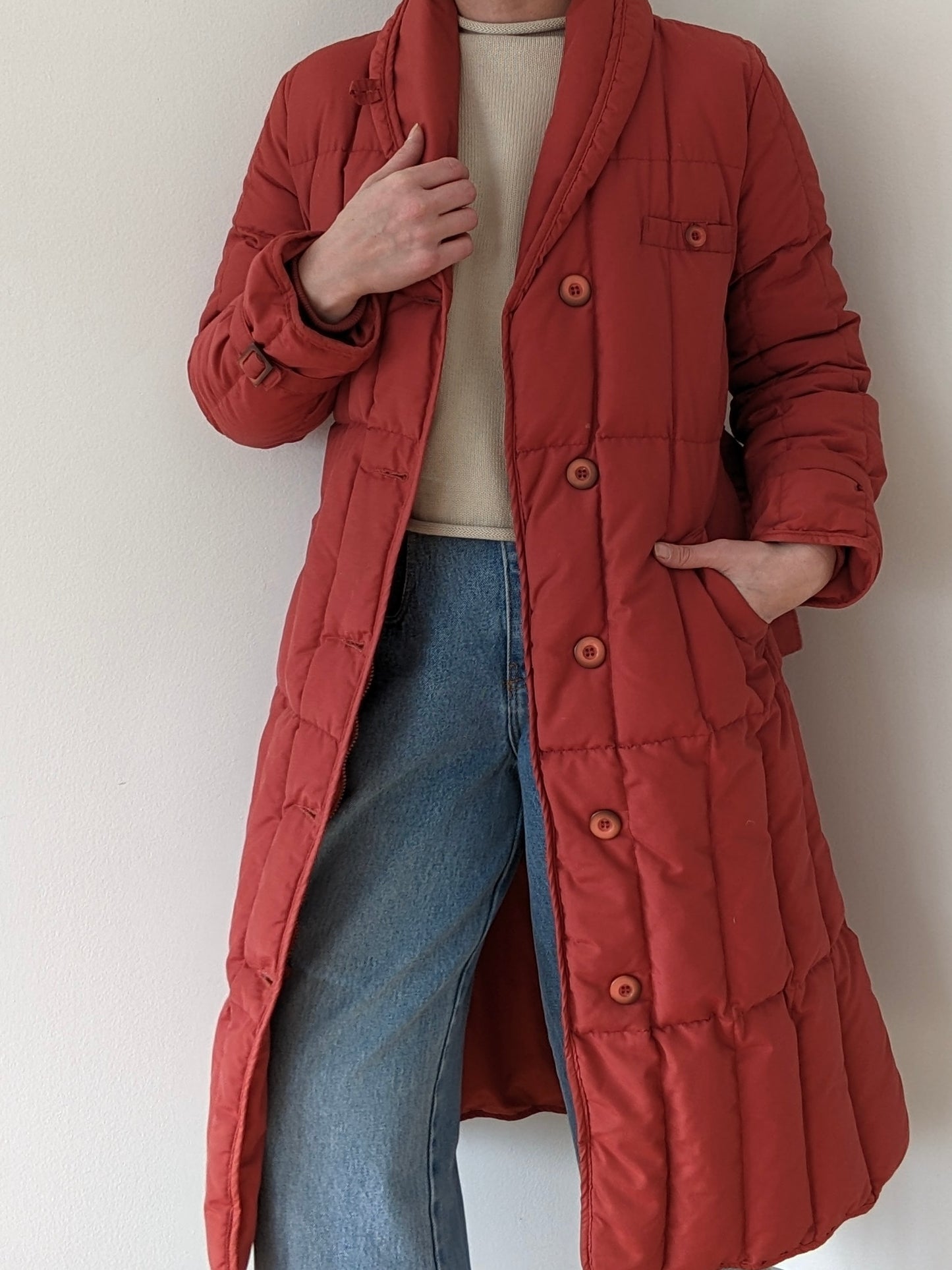 Vintage Persimmon Belted Goose Down Puffer Coat