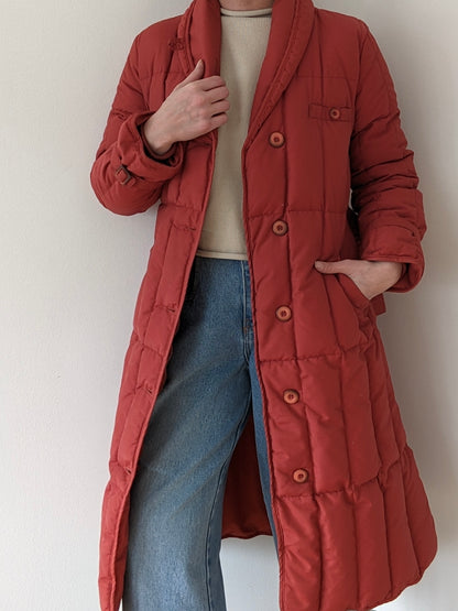 Vintage Persimmon Belted Goose Down Puffer Coat