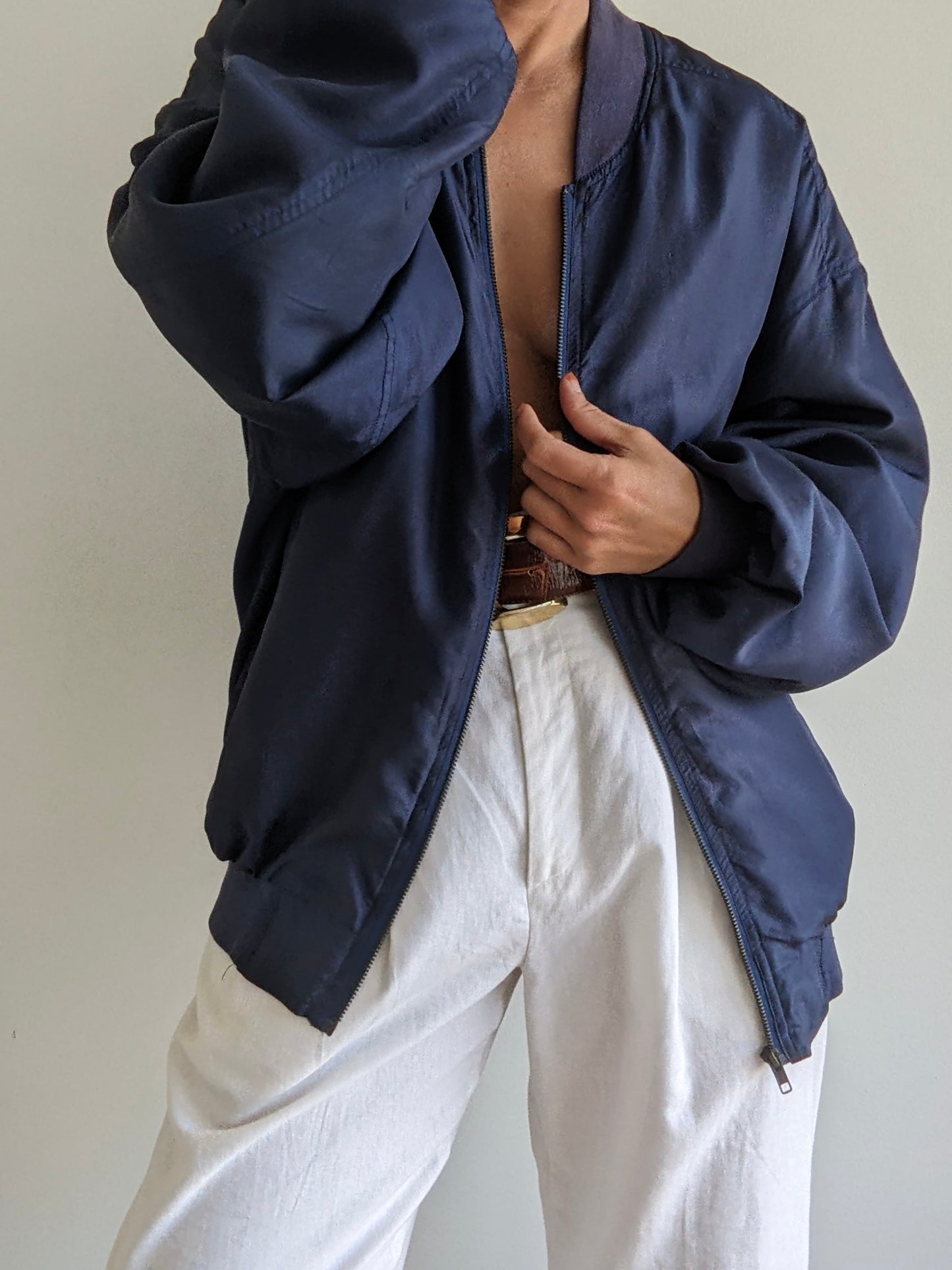 Vintage Navy Washed Silk Bomber Jacket