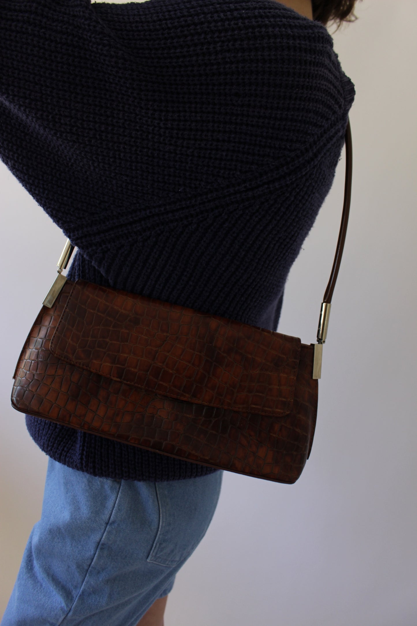 90s Croc-Embossed Leather Shoulder Bag