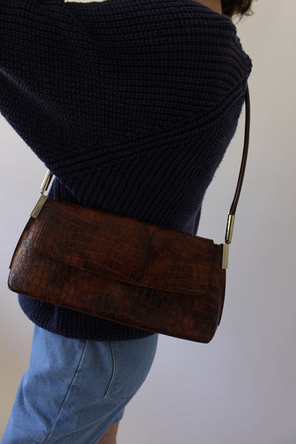 90s Croc-Embossed Leather Shoulder Bag