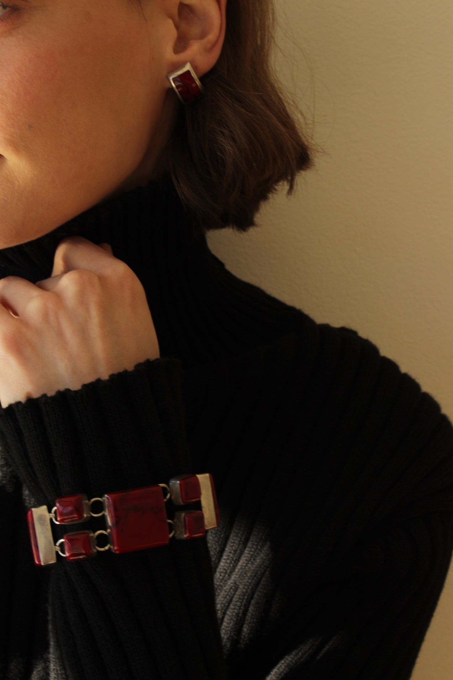 Vintage Modernist Red Jasper & Sterling Silver Bracelet & Earrings Set