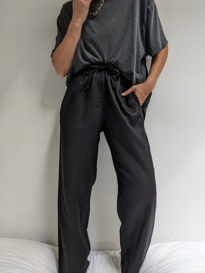 Vintage Black Linen Drawstring Pants