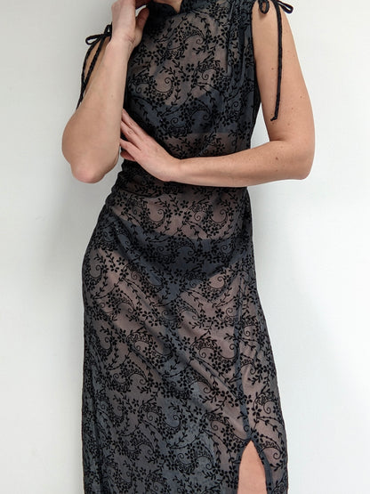 Vintage Sheer Smoke & Velvet Pattern Evening Dress