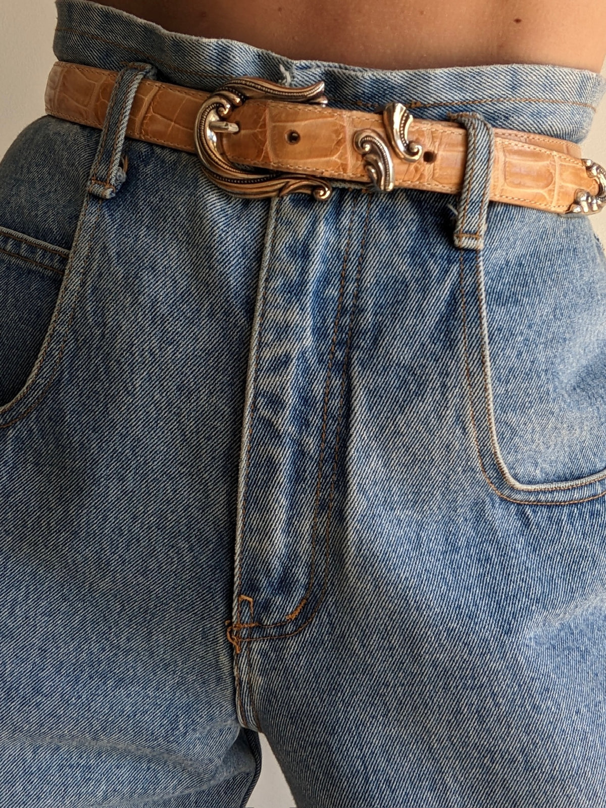 Vintage Embossed Leather & Silver Buckle Belt