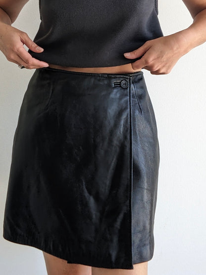 Vintage Onyx Leather Mini Wrap Skirt