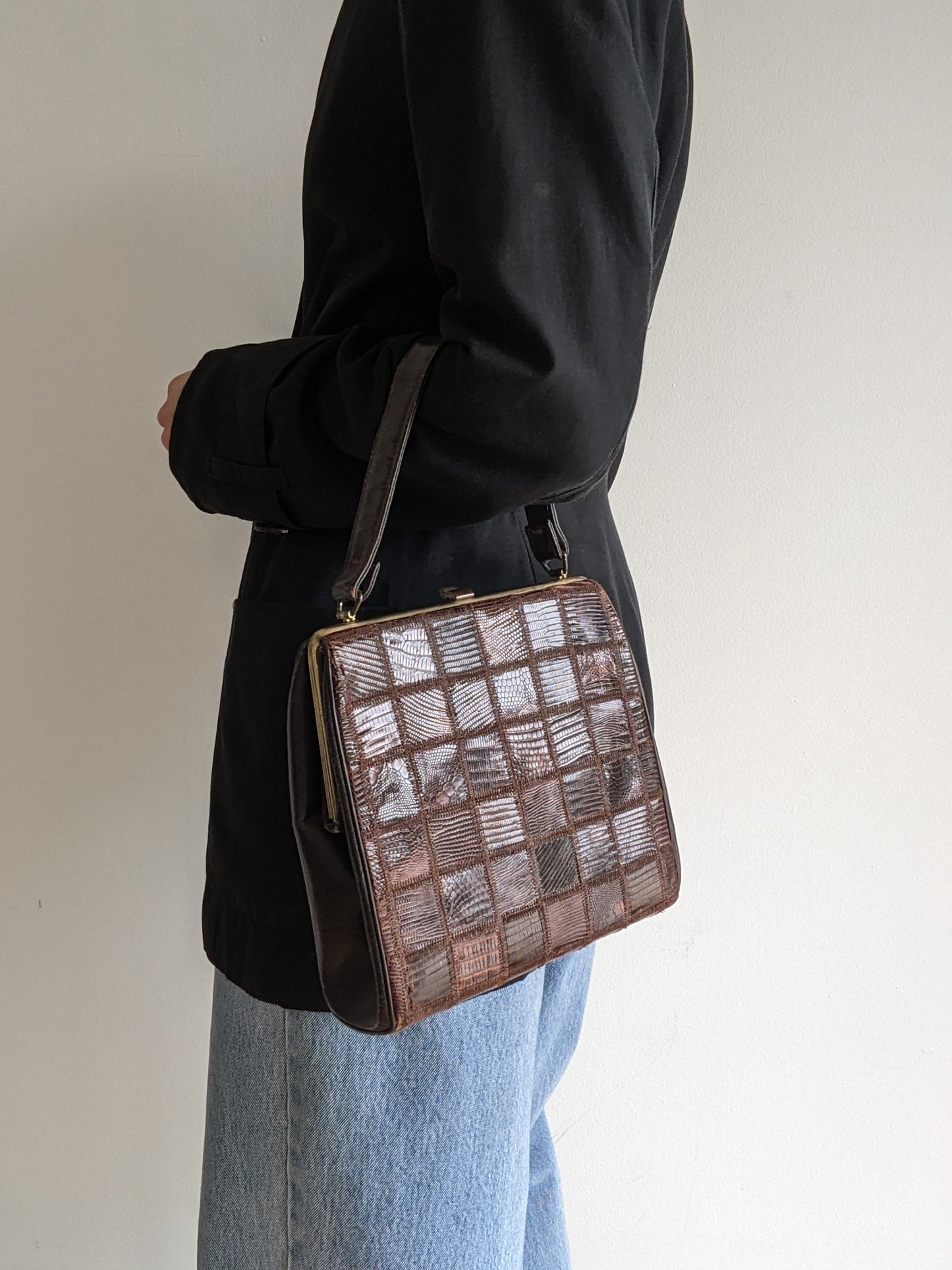 Vintage Patchwork Reptile-Embossed Leather Handbag