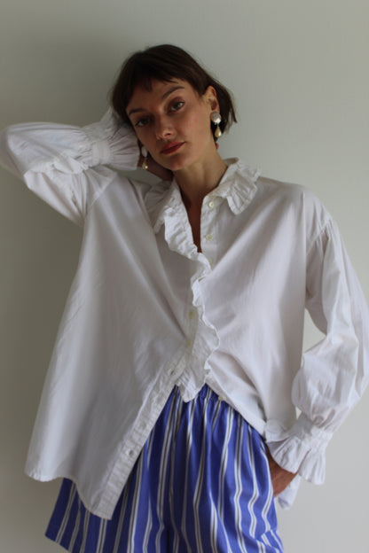 Lovely Vintage White Ruffle Cotton Blouse
