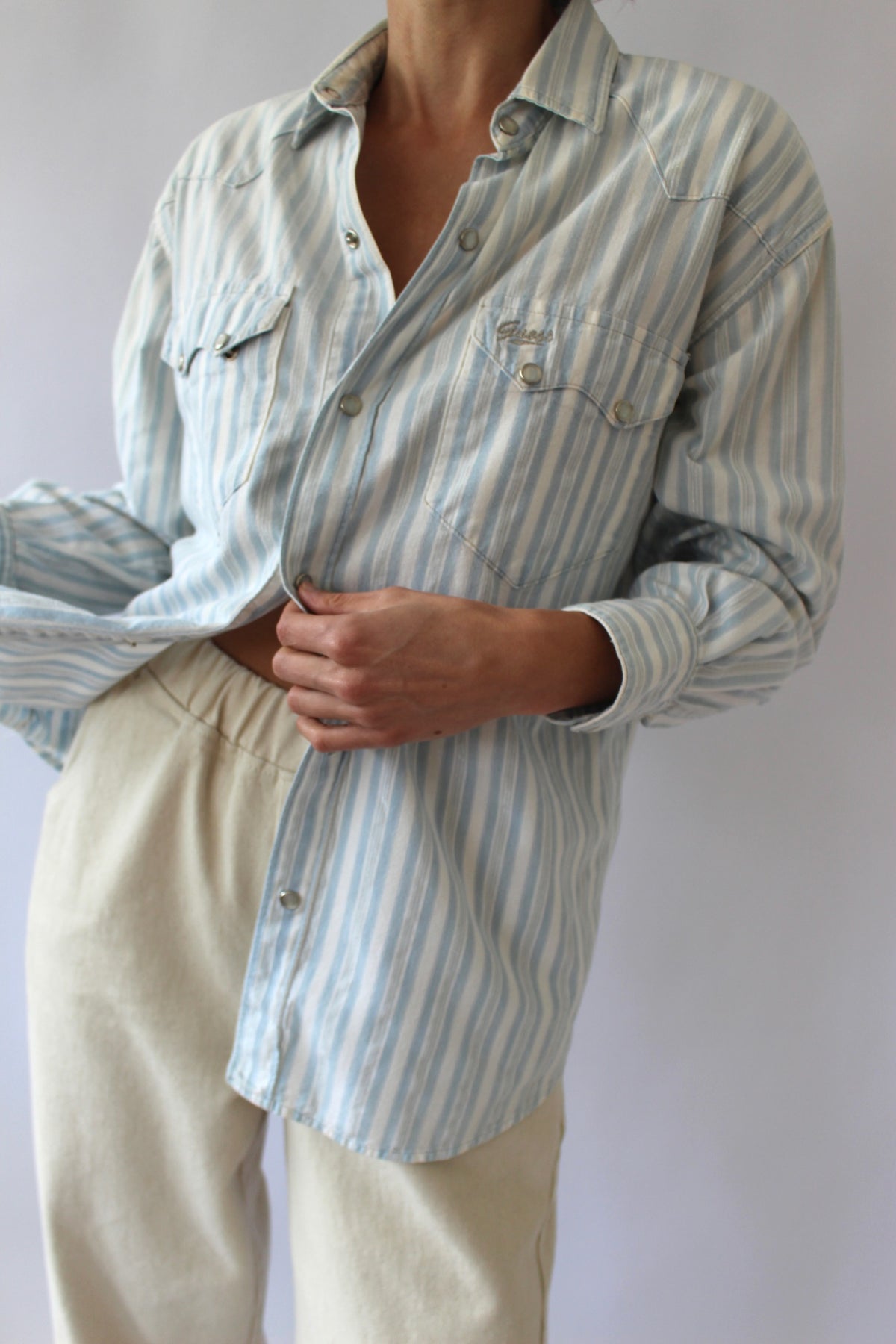 Vintage Guess Metallic Striped Pearl Snap Shirt