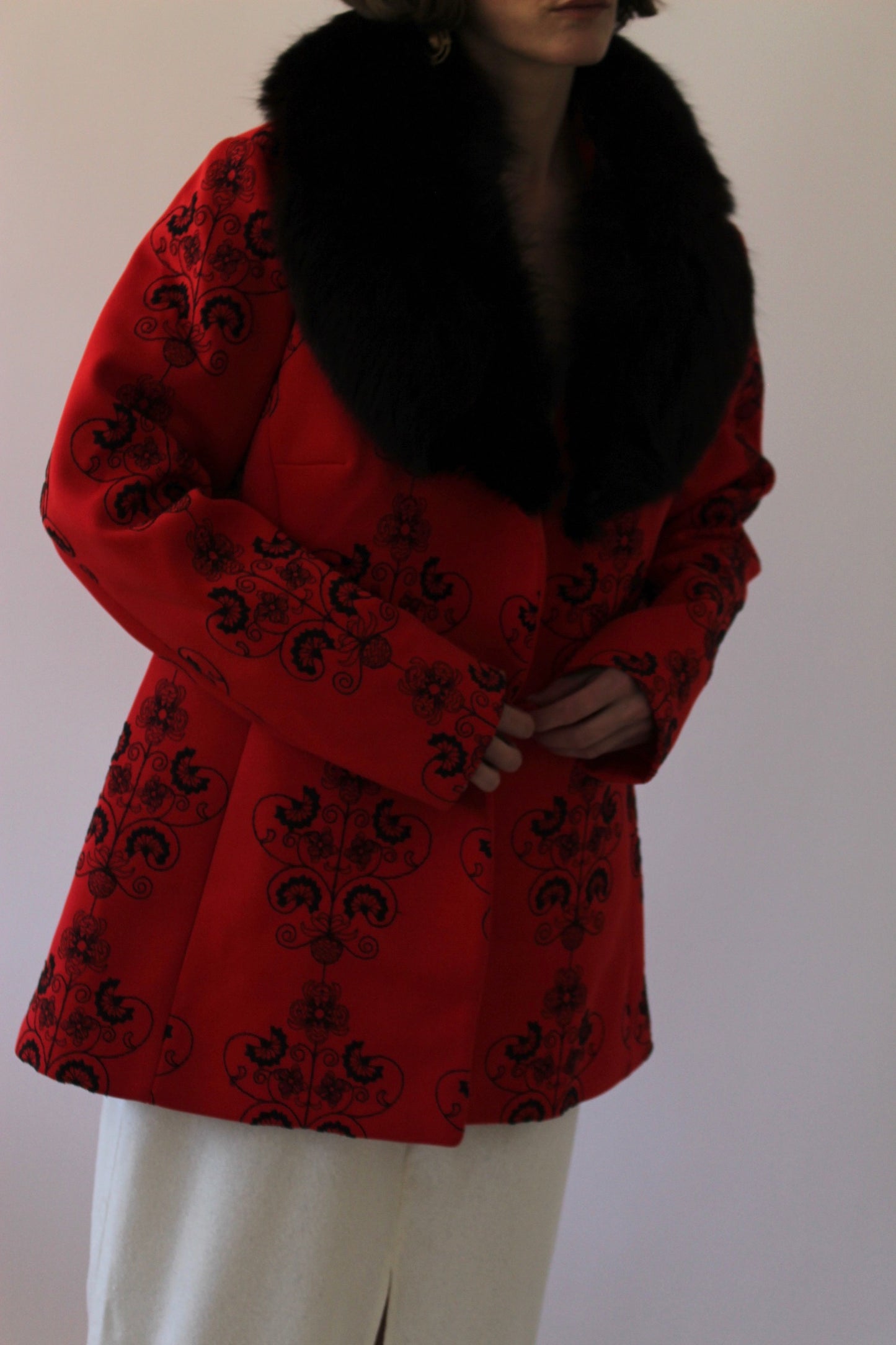 Incredible Vintage Crimson Embroidered Fur-Collar Jacket