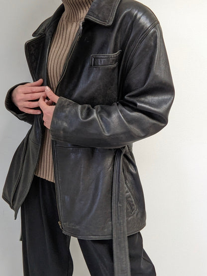 Vintage Faded Black Belted Lambskin Leather Coat