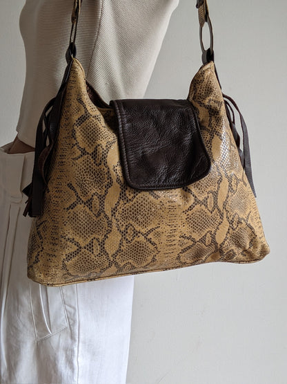 Vintage Snake-Embossed Fringe Leather Bag