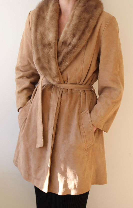 Rare Vintage Belted Suede & Fur Collar Coat