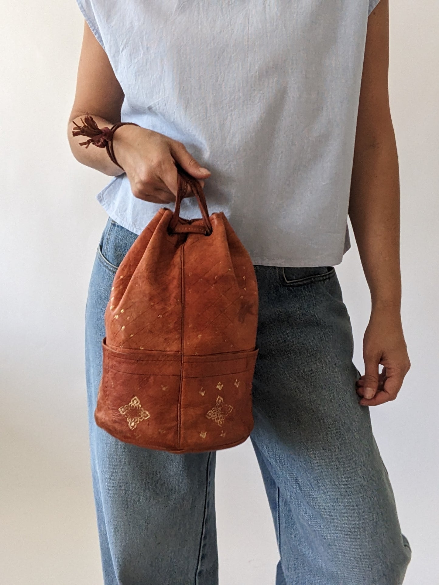 Amazing Vintage Handmade Leather Bucket Bag