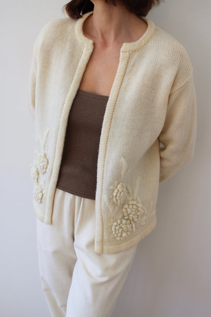 Vintage Buttercream Embroidered Wool Cardigan