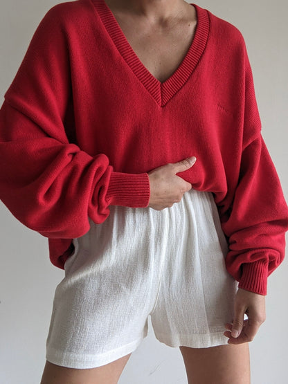 Vintage Red "Toshiba" Embroidered Cotton Sweater