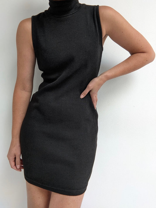 90s Black Ribbed Mock Neck Dress