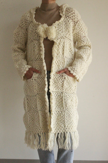 Amazing Vintage Wool Patchwork Pom Pom Coat