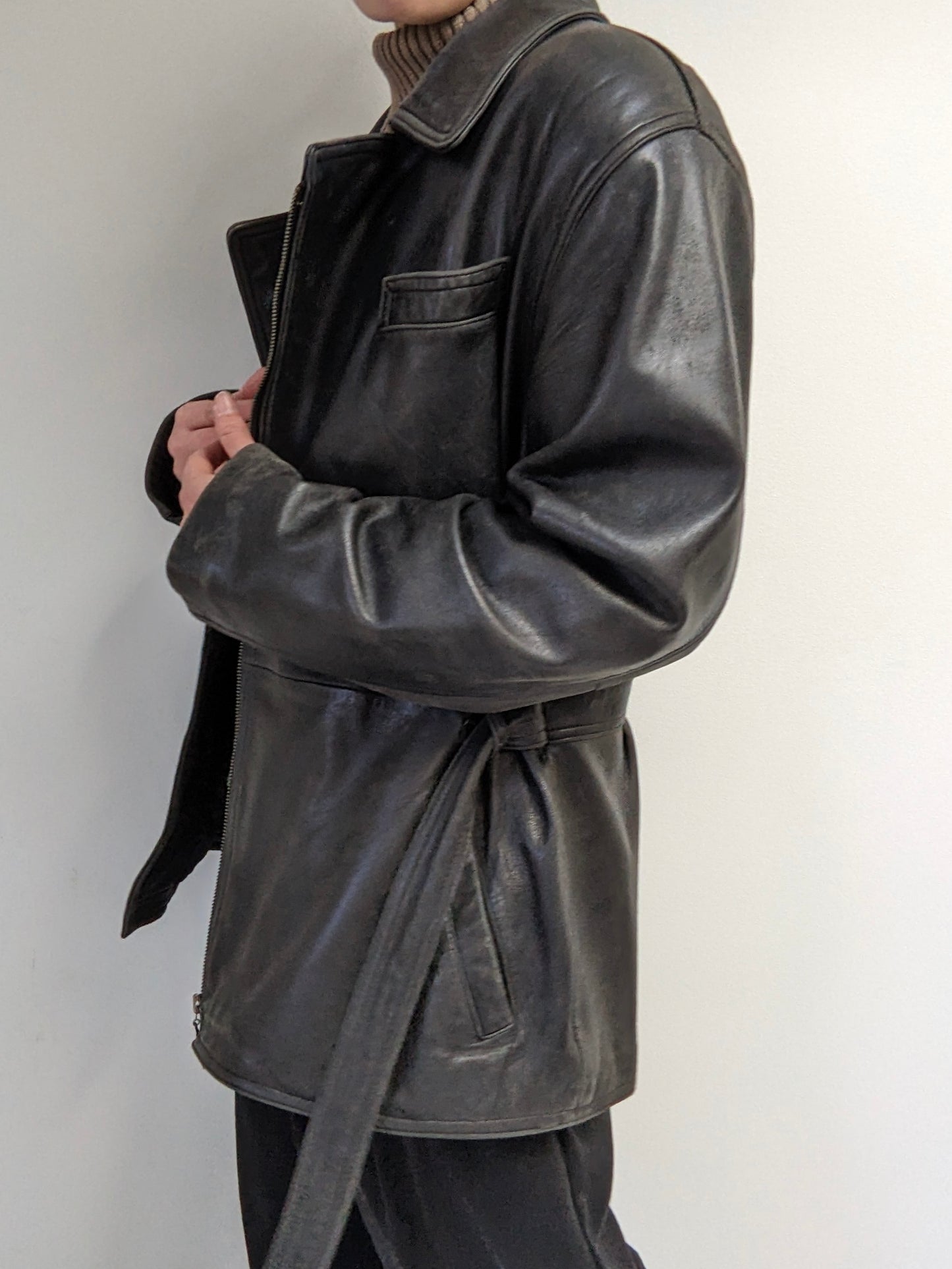 Vintage Faded Black Belted Lambskin Leather Coat