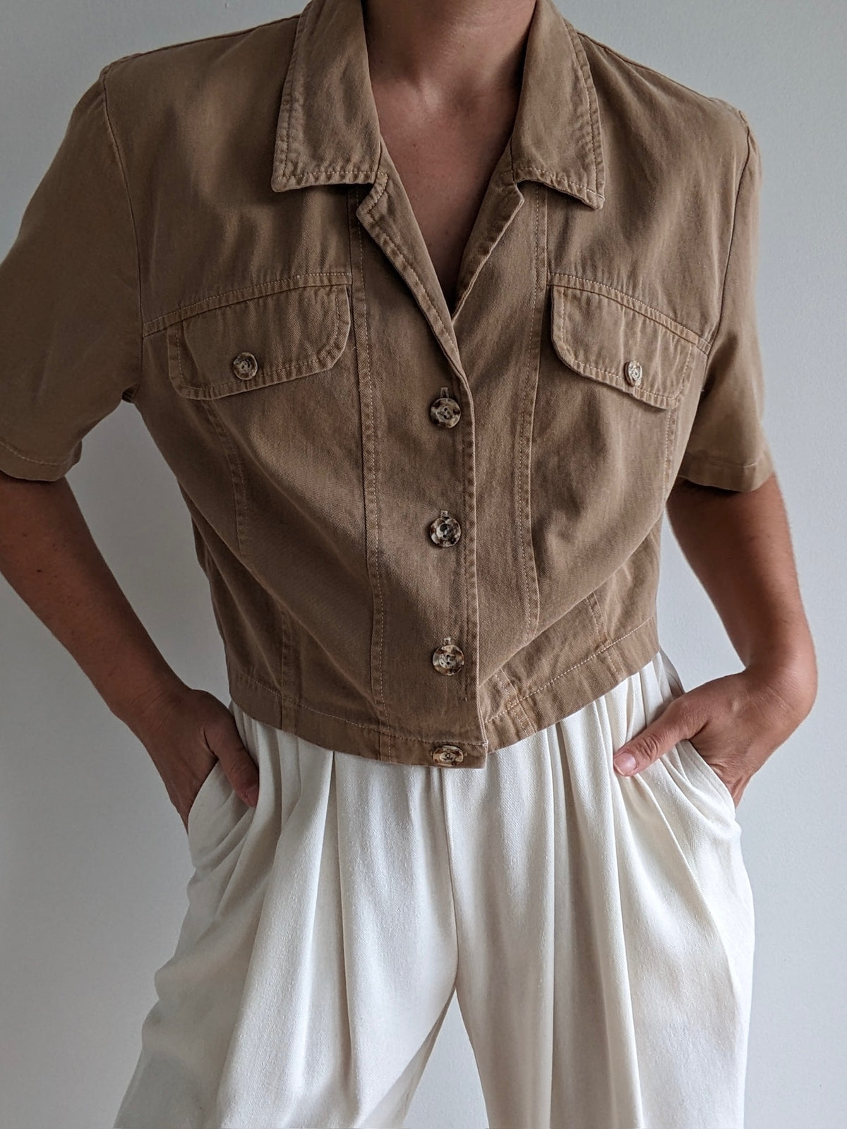 Vintage Camel Cotton Twill Crop Blouse