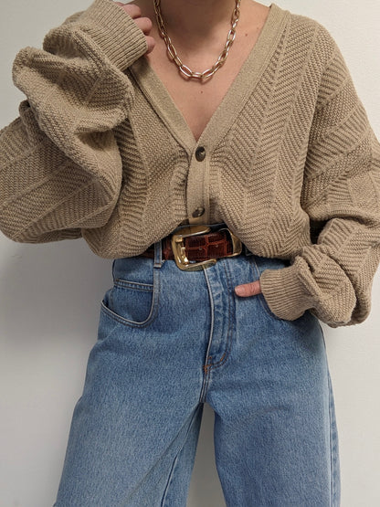 Vintage Latte Herringbone Cotton Cardigan