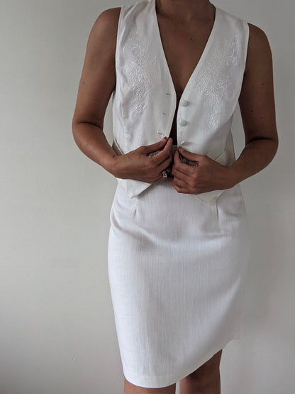 Lovely Vintage Ivory Linen Vest & Skirt Set