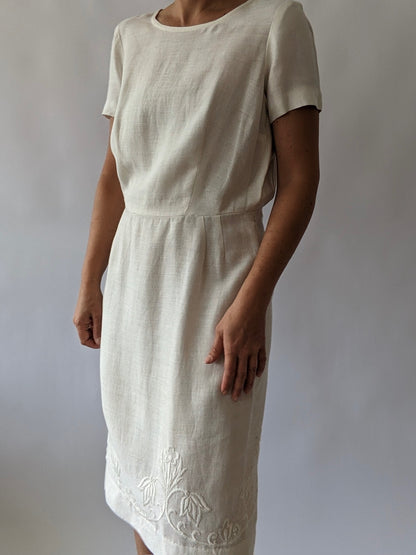 Vintage Ivory Embroidered Linen Dress