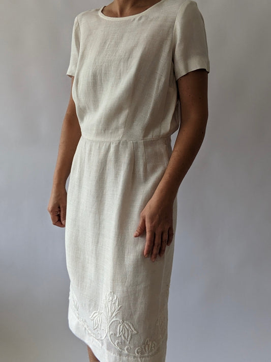 Vintage Ivory Embroidered Linen Dress