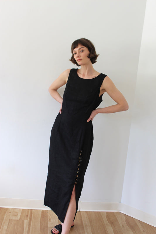 Stunning Vintage Onyx Linen Cross Back Dress