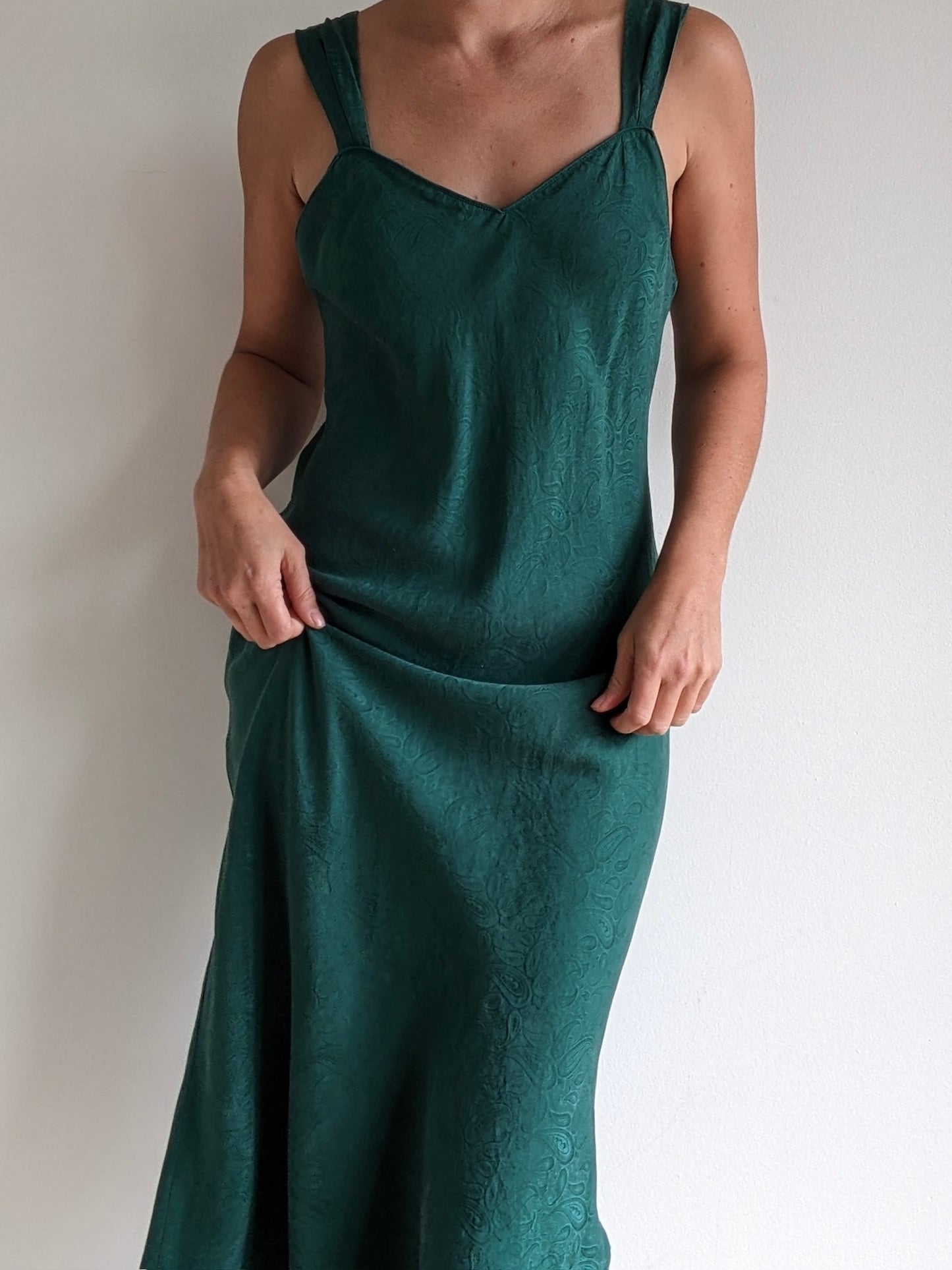 Vintage Embossed Moss Green Silk Slip Dress