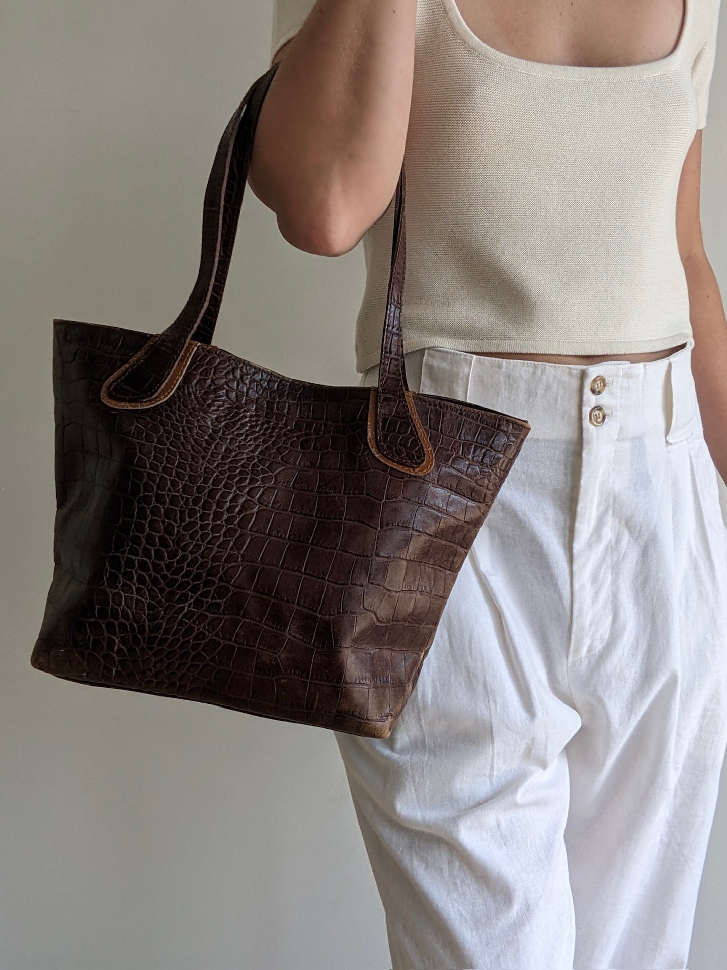 Vintage Tobacco Embossed Leather Tote