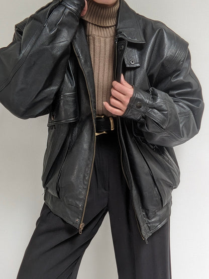 Vintage Ink Black Leather Bomber