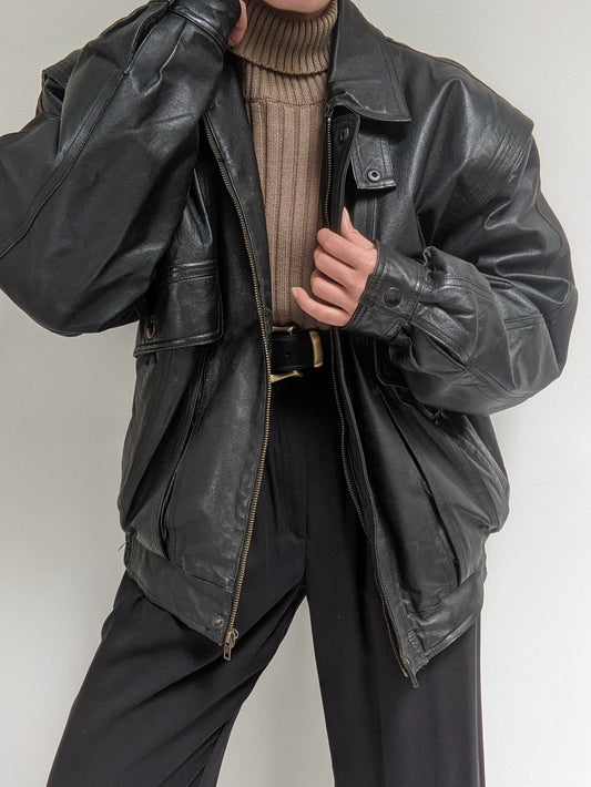 Vintage Ink Black Leather Bomber