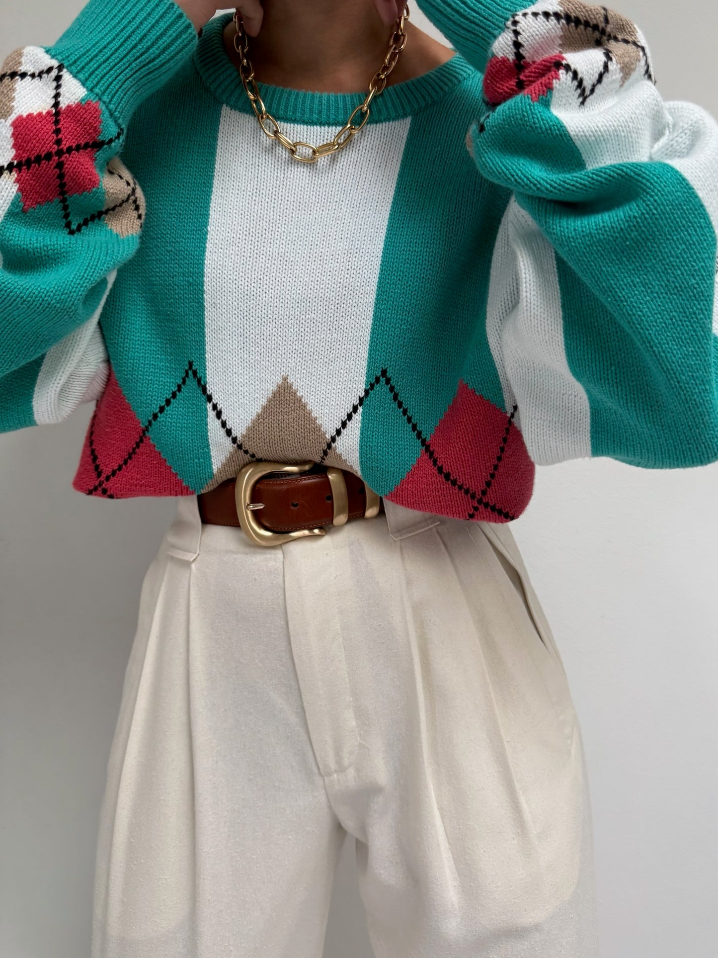 Vintage Wide Striped Argyle Cotton Sweater