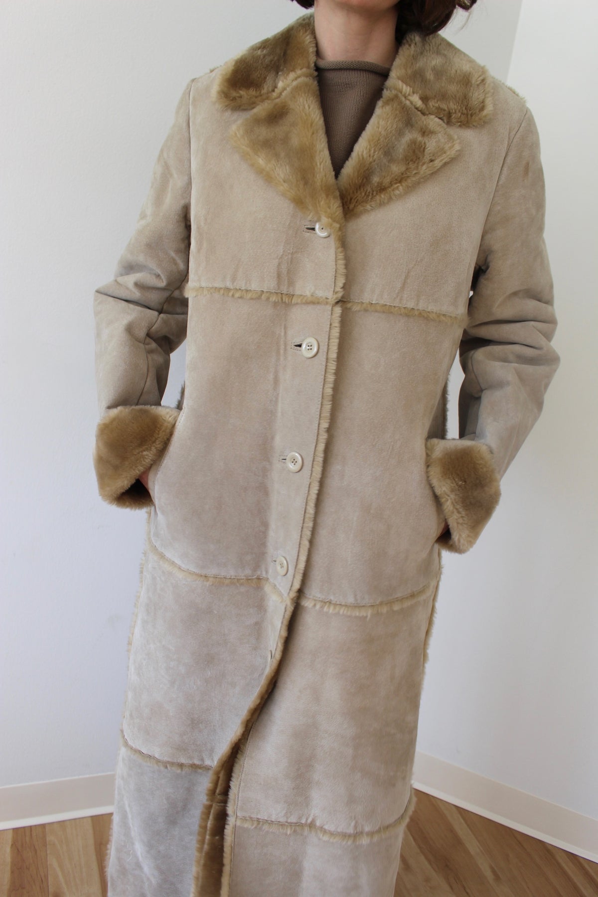 Vintage Sand Suede & Faux Fur Lined Coat