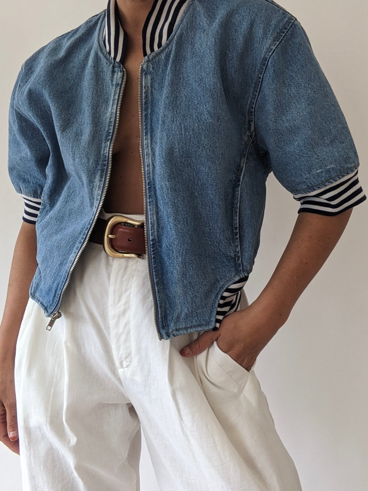 90s Cropped Denim & Stripe Jacket
