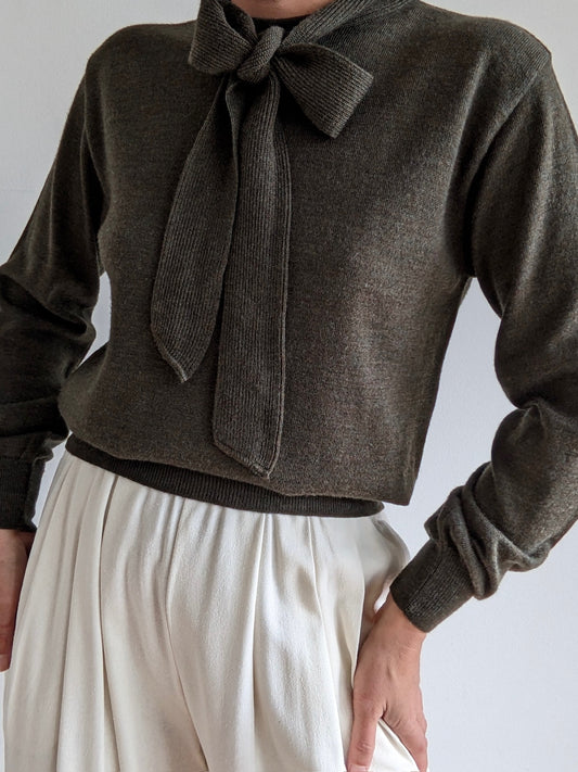 Vintage Olive Merino Wool Neck Tie Sweater